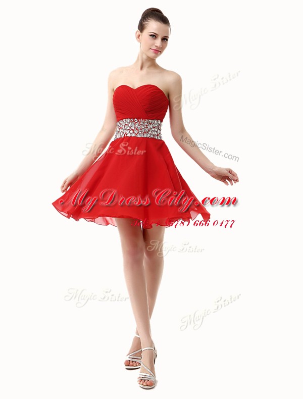 Mini Length Red Prom Dresses Chiffon Sleeveless Beading and Ruffles