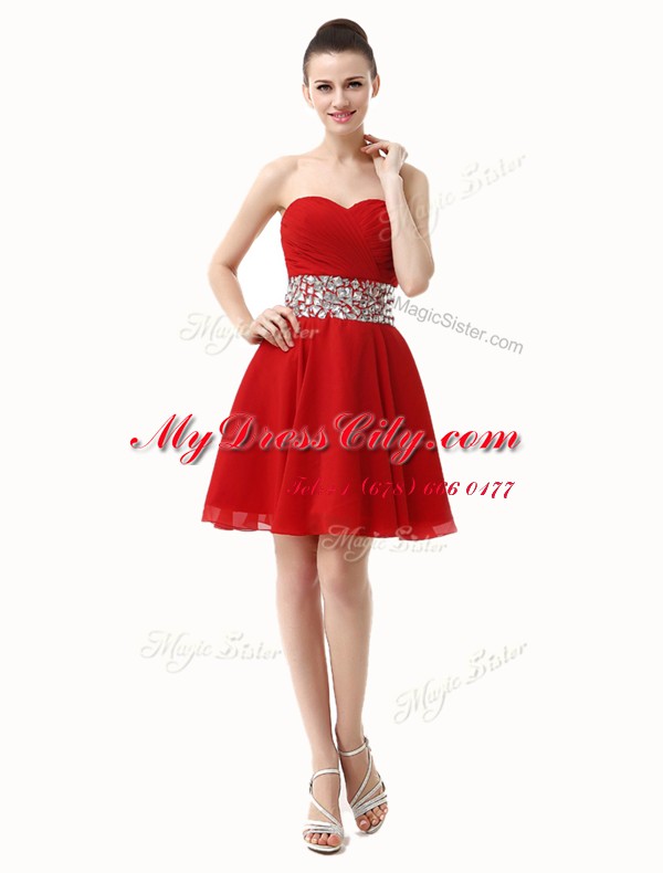 Mini Length Red Prom Dresses Chiffon Sleeveless Beading and Ruffles