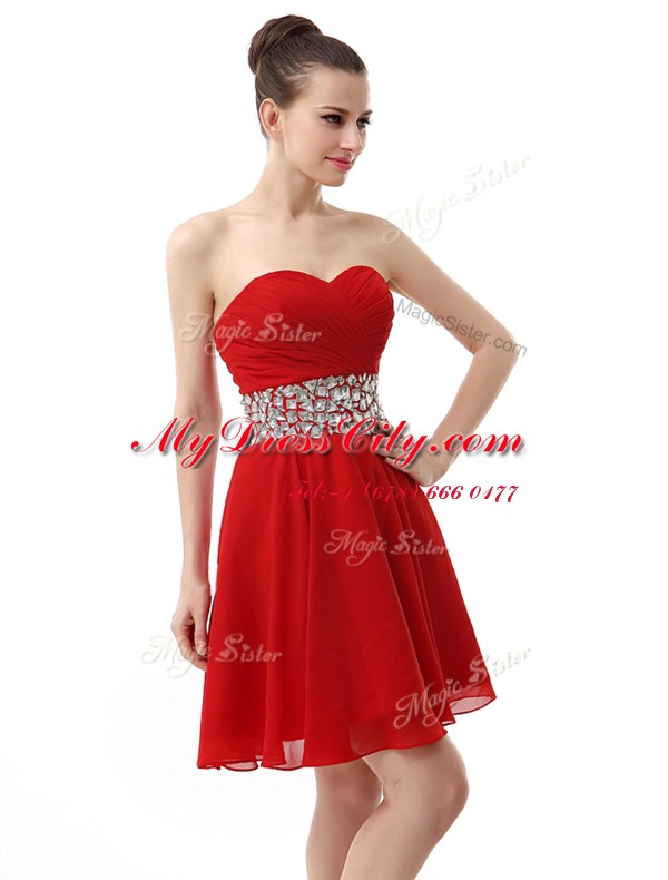 Mini Length Red Prom Dresses Chiffon Sleeveless Beading and Ruffles