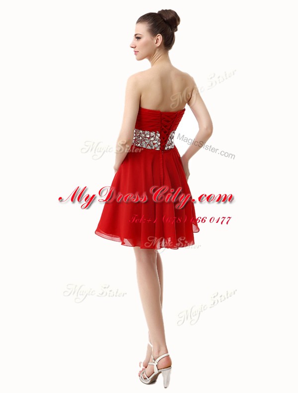 Mini Length Red Prom Dresses Chiffon Sleeveless Beading and Ruffles