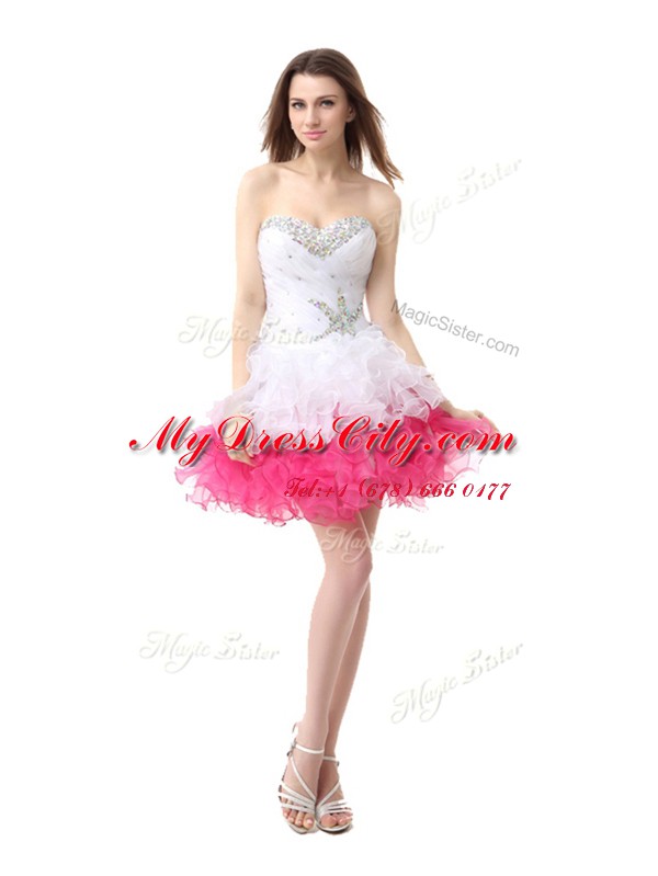 Sleeveless Knee Length Beading and Ruffles Lace Up Prom Gown with Pink And White