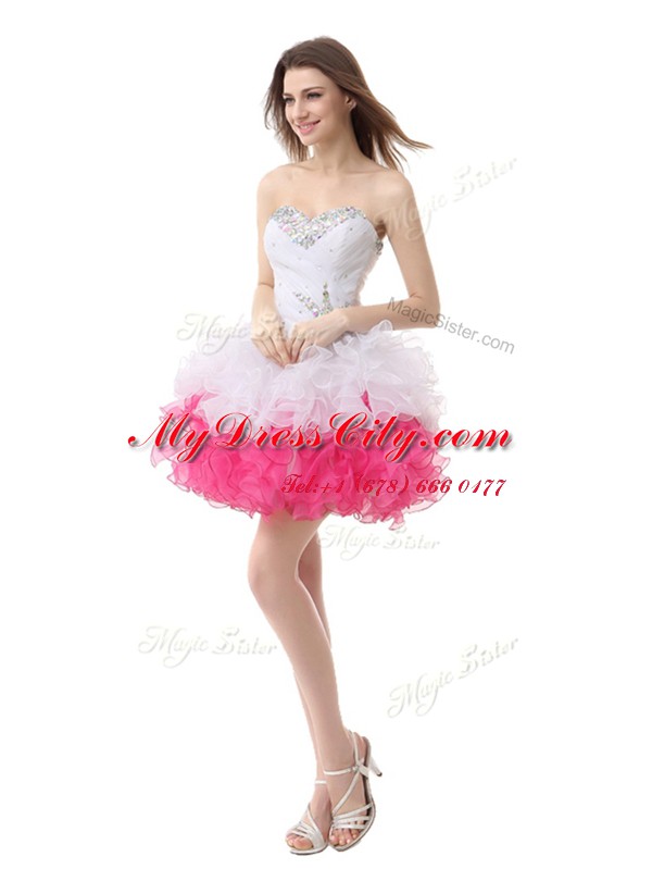 Sleeveless Knee Length Beading and Ruffles Lace Up Prom Gown with Pink And White