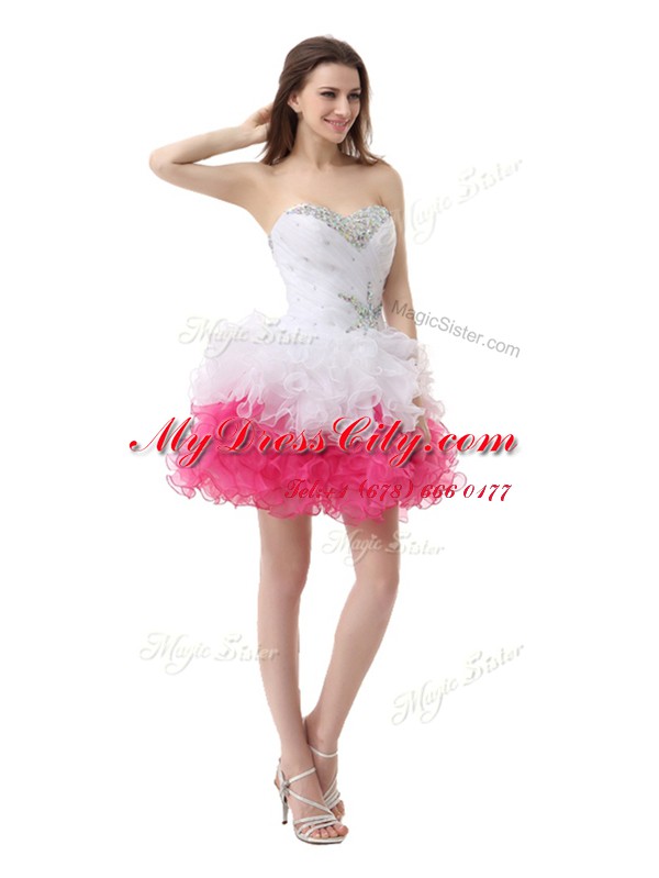 Sleeveless Knee Length Beading and Ruffles Lace Up Prom Gown with Pink And White