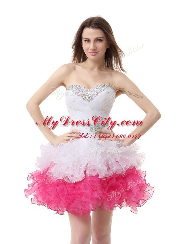 Sleeveless Knee Length Beading and Ruffles Lace Up Prom Gown with Pink And White