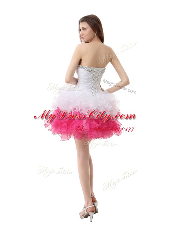 Sleeveless Knee Length Beading and Ruffles Lace Up Prom Gown with Pink And White