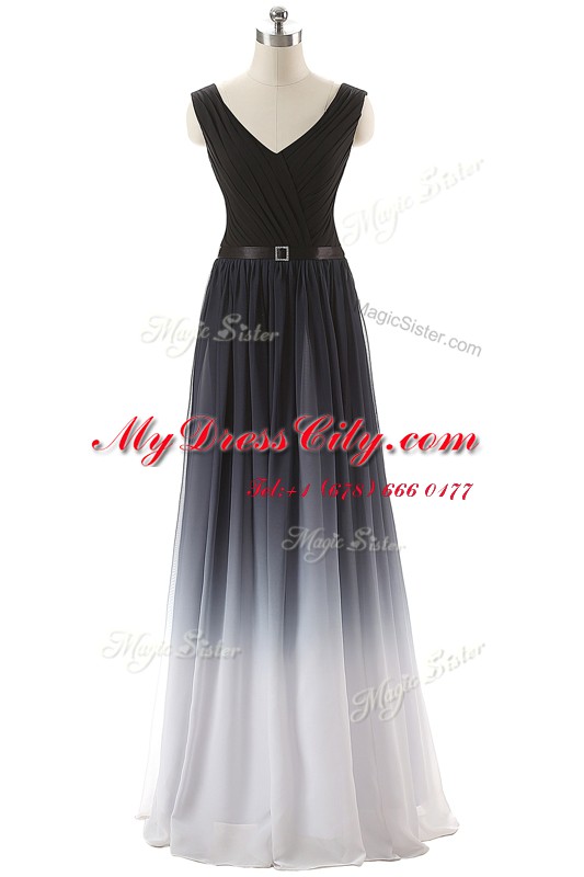 Decent V-neck Sleeveless Prom Dress Floor Length Ruching and Belt Black Chiffon