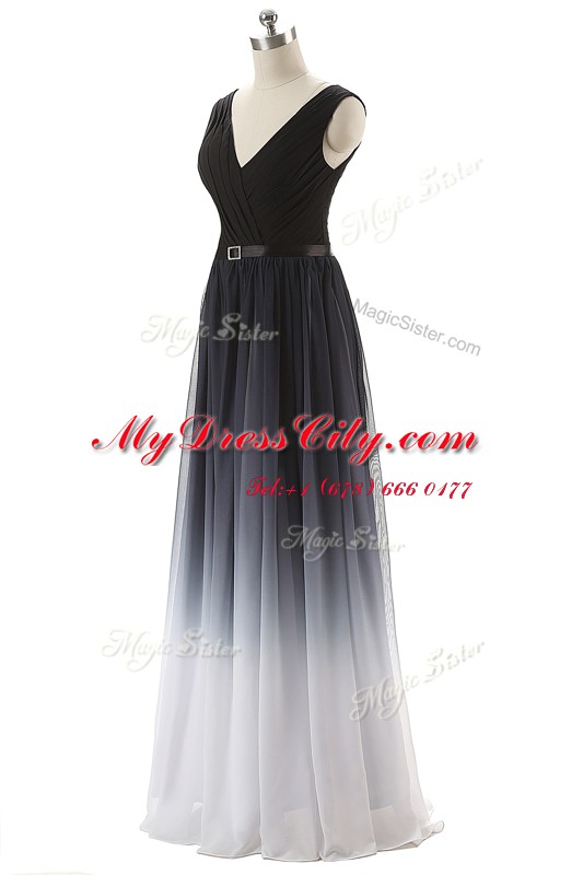 Decent V-neck Sleeveless Prom Dress Floor Length Ruching and Belt Black Chiffon