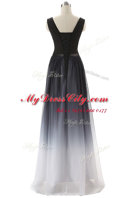 Decent V-neck Sleeveless Prom Dress Floor Length Ruching and Belt Black Chiffon