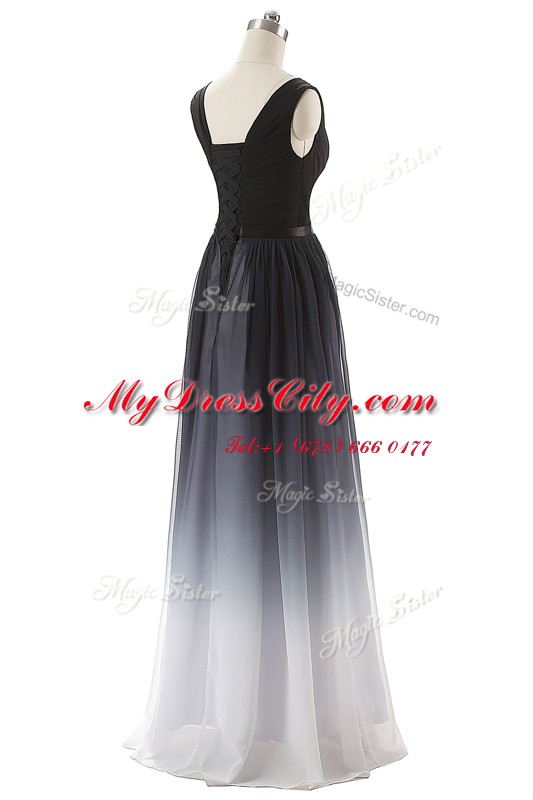 Decent V-neck Sleeveless Prom Dress Floor Length Ruching and Belt Black Chiffon