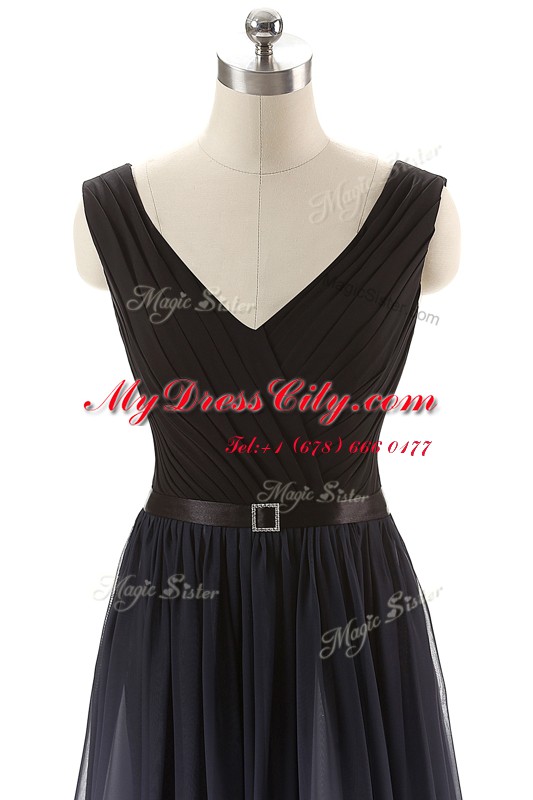 Decent V-neck Sleeveless Prom Dress Floor Length Ruching and Belt Black Chiffon