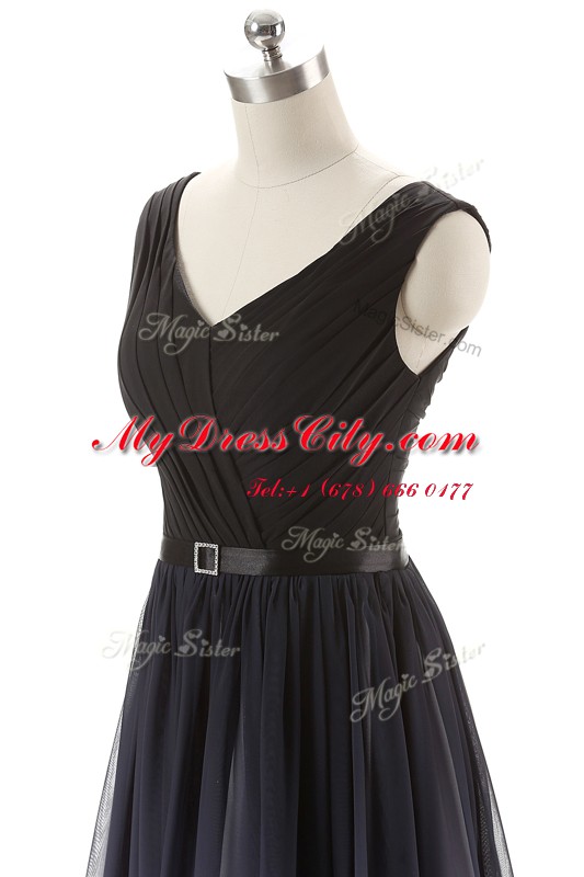 Decent V-neck Sleeveless Prom Dress Floor Length Ruching and Belt Black Chiffon