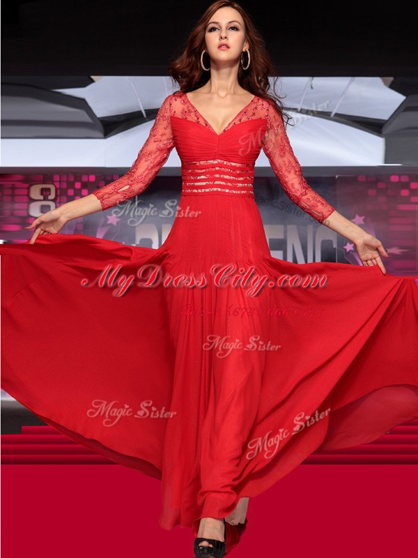 Sophisticated Red Column/Sheath V-neck Sleeveless Chiffon Floor Length Zipper Lace Homecoming Dress