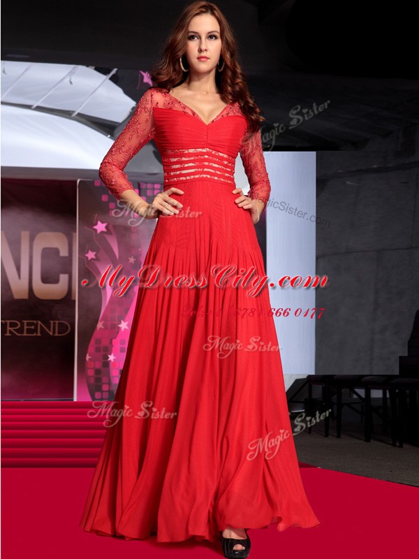 Sophisticated Red Column/Sheath V-neck Sleeveless Chiffon Floor Length Zipper Lace Homecoming Dress