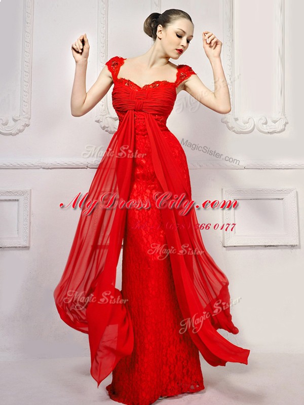 Luxury Red Sweetheart Lace Up Beading and Lace and Sashes ribbons Prom Gown Brush Train Cap Sleeves