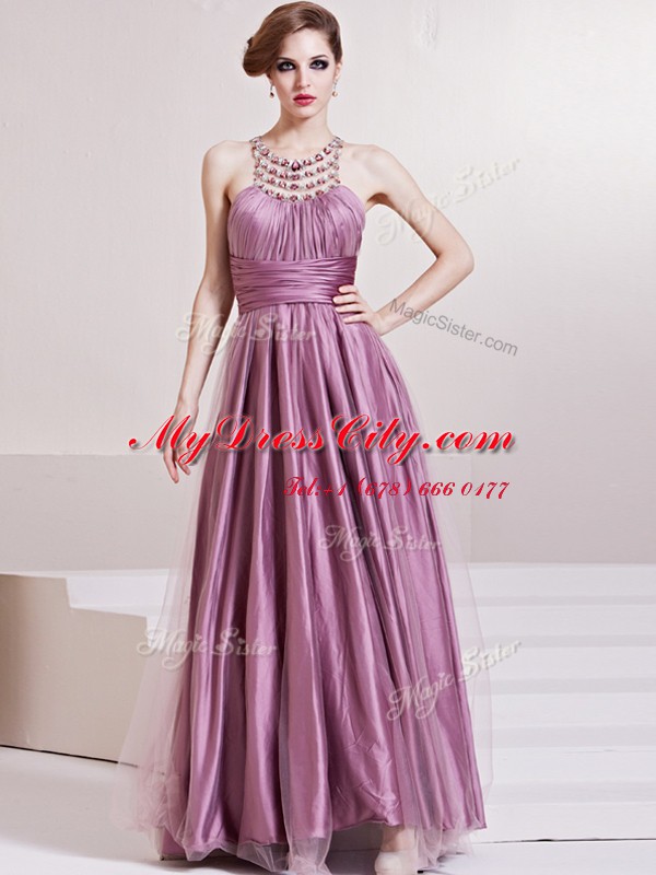 Taffeta Scoop Sleeveless Zipper Beading and Ruching Prom Party Dress in Lilac