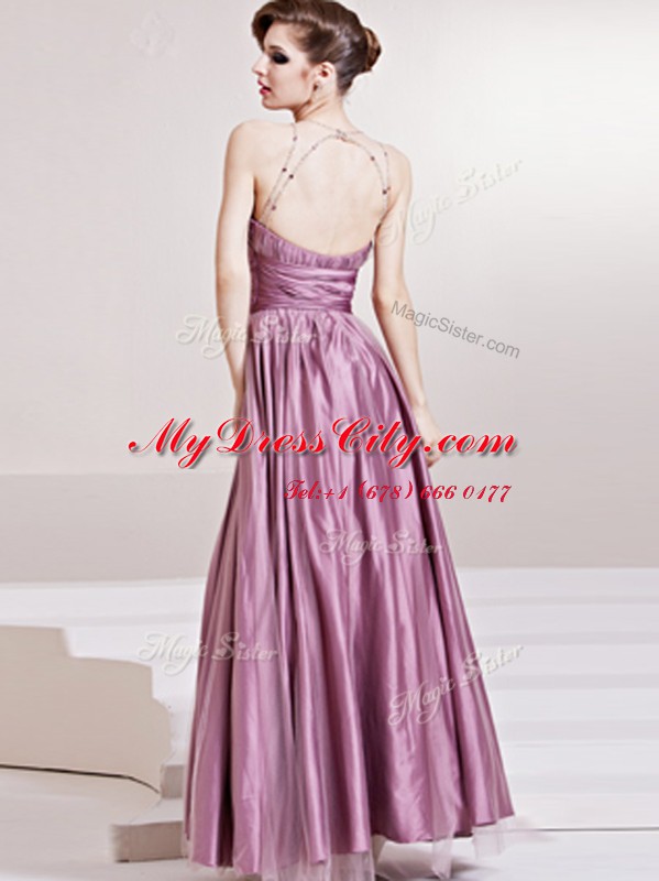 Taffeta Scoop Sleeveless Zipper Beading and Ruching Prom Party Dress in Lilac