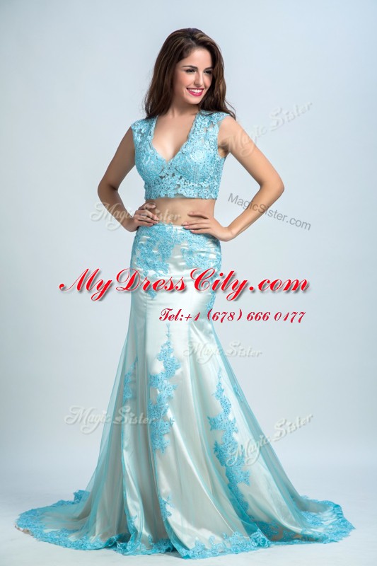 Mermaid V-neck Sleeveless Evening Dress With Brush Train Beading and Pattern Blue And White Chiffon