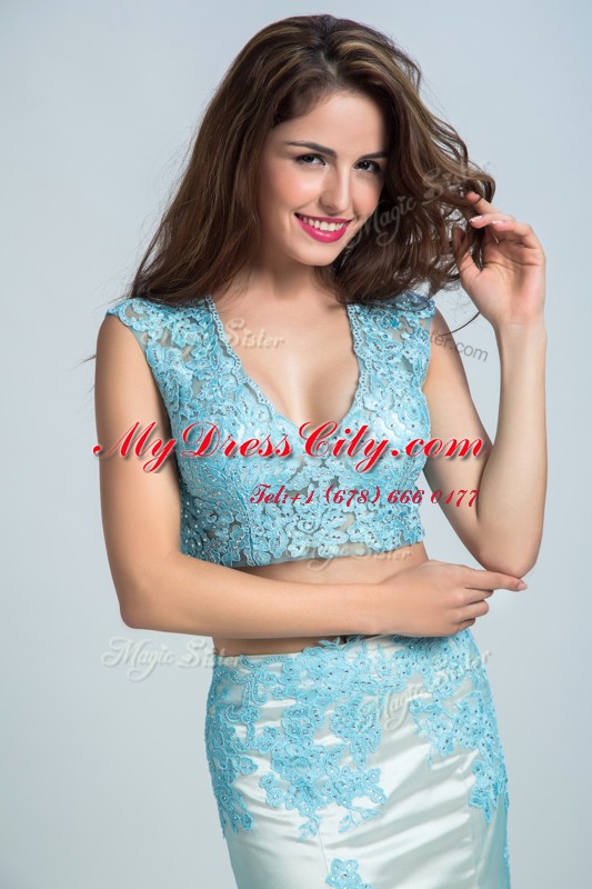 Mermaid V-neck Sleeveless Evening Dress With Brush Train Beading and Pattern Blue And White Chiffon