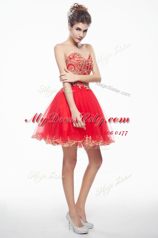 Fantastic Coral Red A-line Organza Sweetheart Sleeveless Appliques and Ruffles Mini Length Side Zipper Dress for Prom