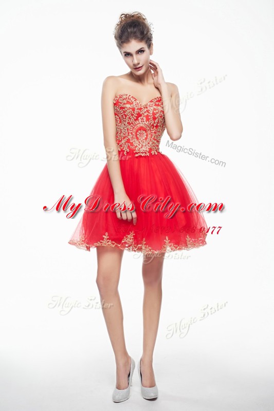 Fantastic Coral Red A-line Organza Sweetheart Sleeveless Appliques and Ruffles Mini Length Side Zipper Dress for Prom