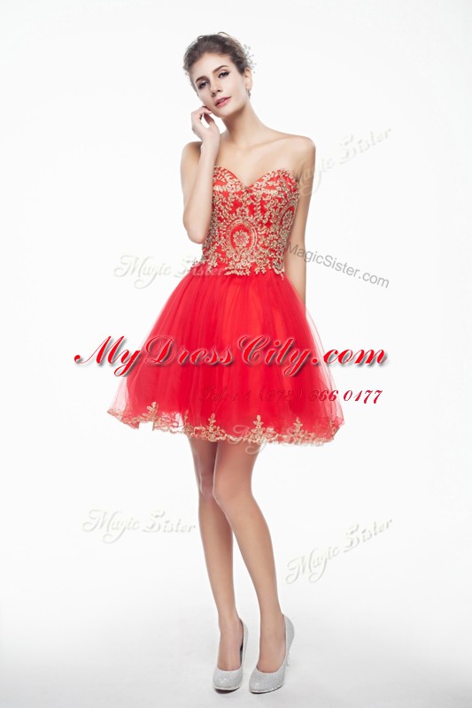 Fantastic Coral Red A-line Organza Sweetheart Sleeveless Appliques and Ruffles Mini Length Side Zipper Dress for Prom