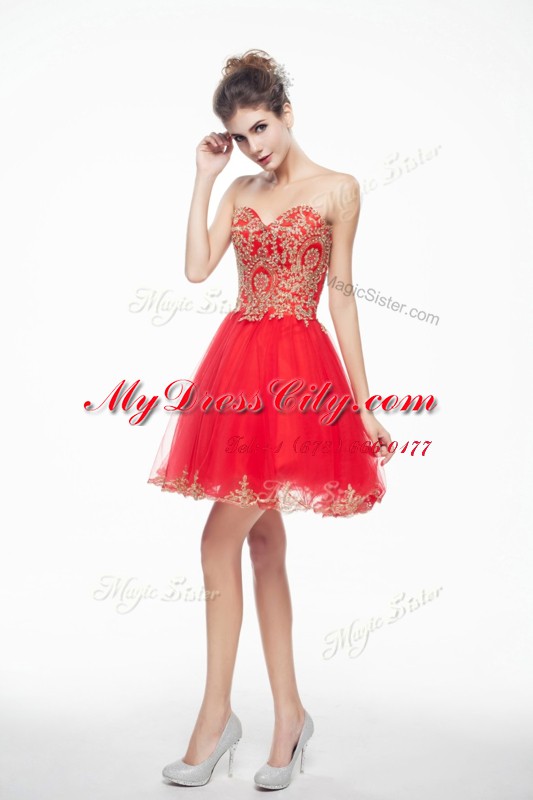 Fantastic Coral Red A-line Organza Sweetheart Sleeveless Appliques and Ruffles Mini Length Side Zipper Dress for Prom