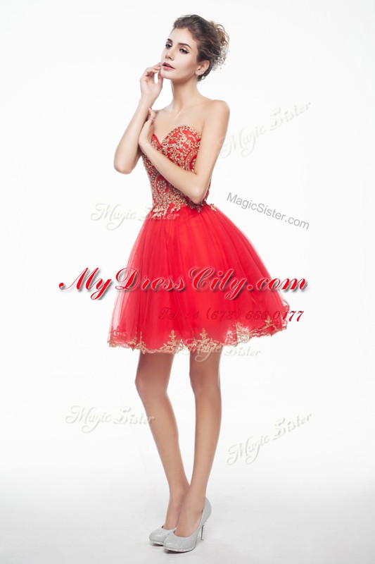 Fantastic Coral Red A-line Organza Sweetheart Sleeveless Appliques and Ruffles Mini Length Side Zipper Dress for Prom