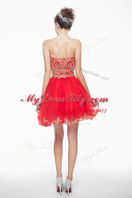 Fantastic Coral Red A-line Organza Sweetheart Sleeveless Appliques and Ruffles Mini Length Side Zipper Dress for Prom