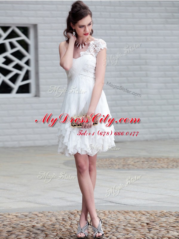 Customized One Shoulder White Organza Zipper Prom Gown Sleeveless Mini Length Lace and Ruffles