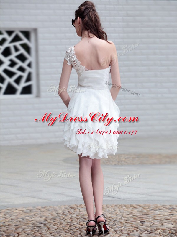 Customized One Shoulder White Organza Zipper Prom Gown Sleeveless Mini Length Lace and Ruffles