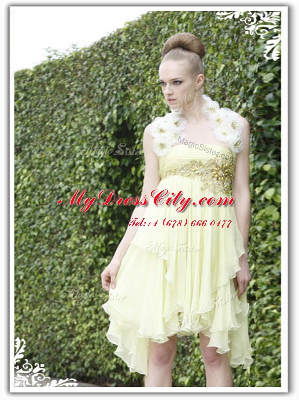 Sleeveless Knee Length Beading and Appliques Backless Prom Evening Gown with Light Yellow