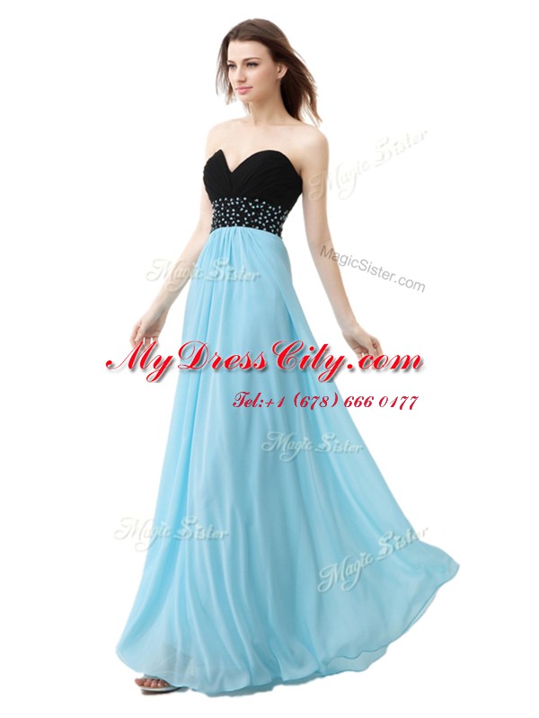 Sleeveless Chiffon and Sequined Floor Length Lace Up Prom Gown in Blue And Black with Beading