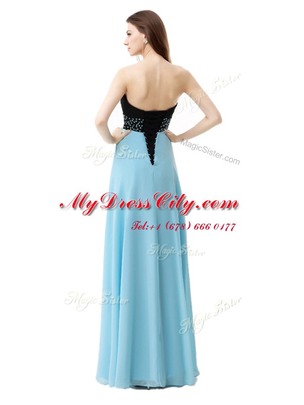 Sleeveless Chiffon and Sequined Floor Length Lace Up Prom Gown in Blue And Black with Beading