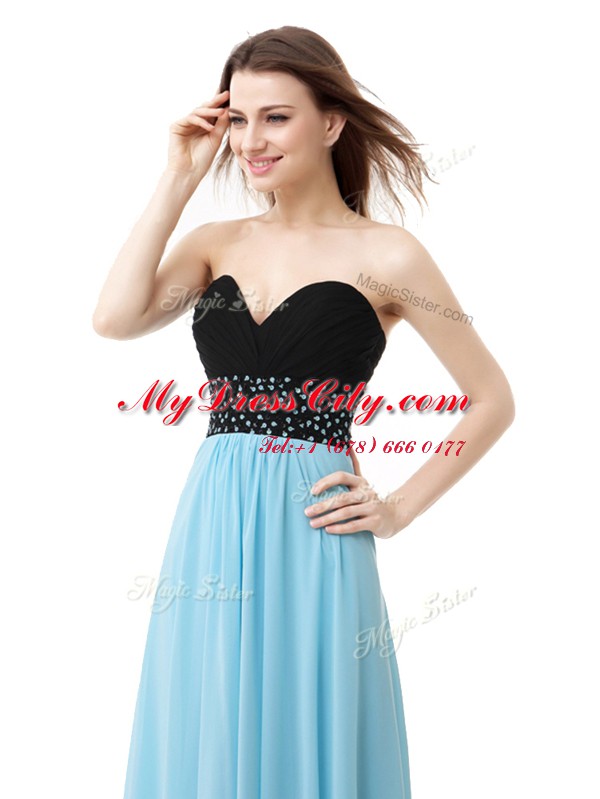 Sleeveless Chiffon and Sequined Floor Length Lace Up Prom Gown in Blue And Black with Beading