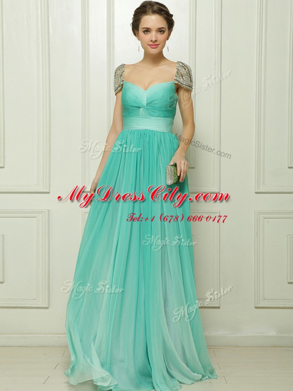 Turquoise Prom Dresses Sweetheart Cap Sleeves Zipper