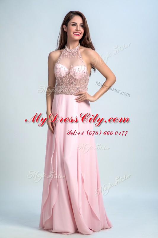 Baby Pink Criss Cross Halter Top Beading Prom Gown Chiffon Sleeveless