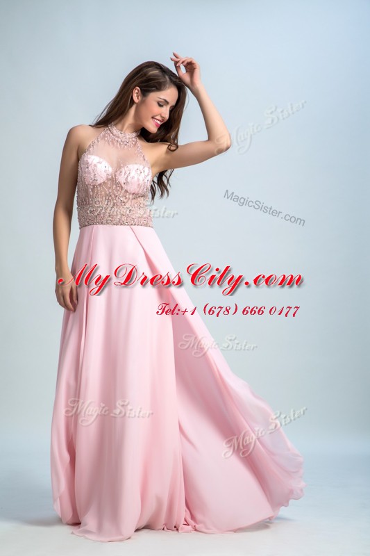 Baby Pink Criss Cross Halter Top Beading Prom Gown Chiffon Sleeveless