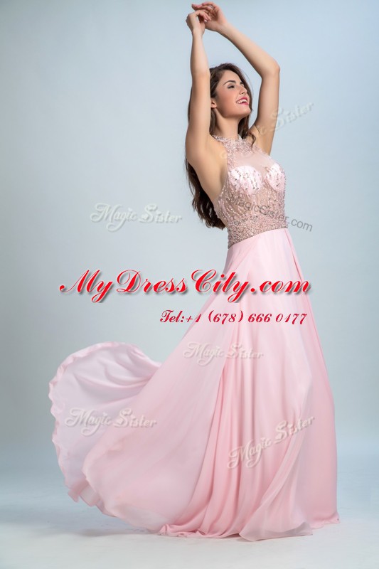 Baby Pink Criss Cross Halter Top Beading Prom Gown Chiffon Sleeveless