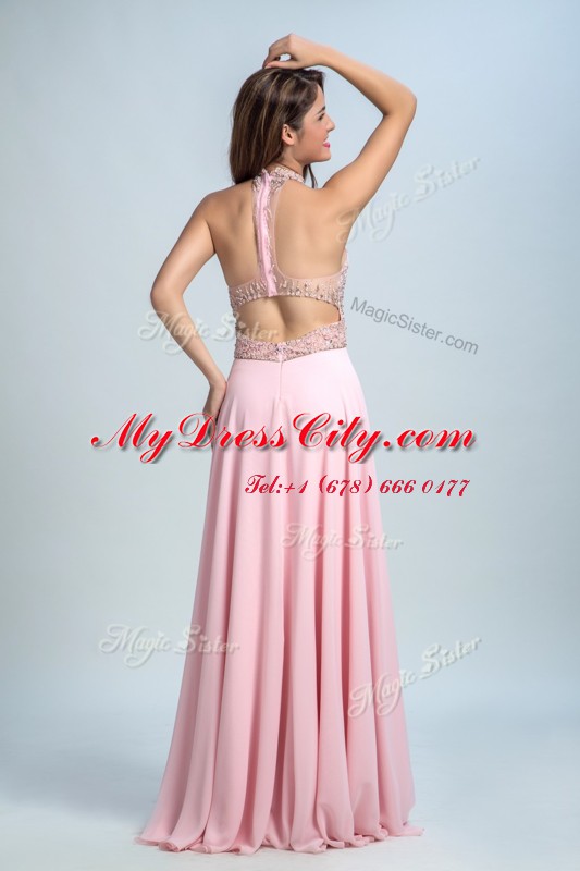 Baby Pink Criss Cross Halter Top Beading Prom Gown Chiffon Sleeveless