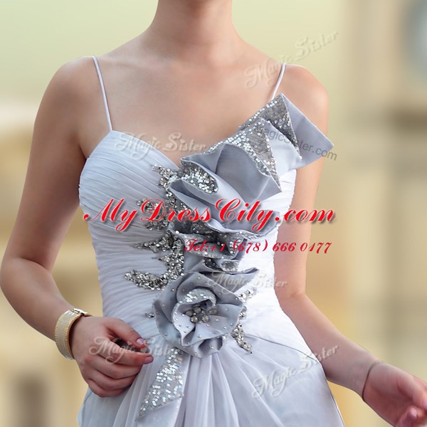 Superior Silver Chiffon Zipper Prom Party Dress Sleeveless Floor Length Beading and Ruching