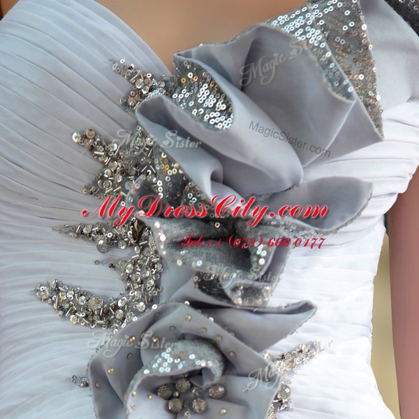 Superior Silver Chiffon Zipper Prom Party Dress Sleeveless Floor Length Beading and Ruching