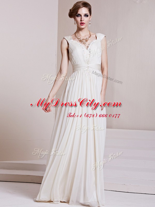 Column/Sheath Prom Gown White V-neck Chiffon Cap Sleeves Floor Length Backless