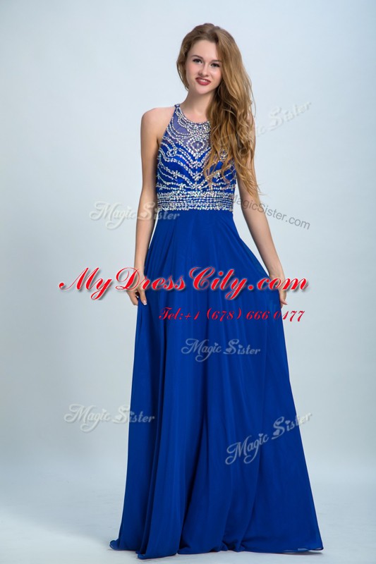 Traditional Scoop Royal Blue Sleeveless Floor Length Beading Criss Cross Prom Dress