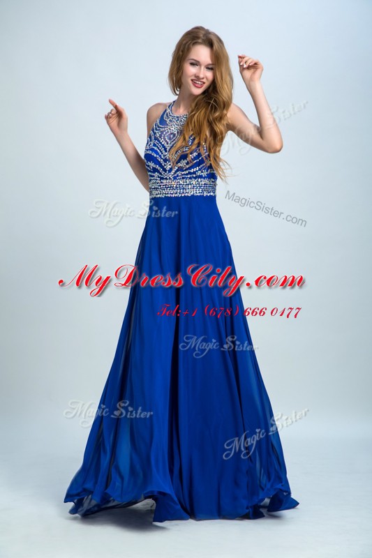 Traditional Scoop Royal Blue Sleeveless Floor Length Beading Criss Cross Prom Dress