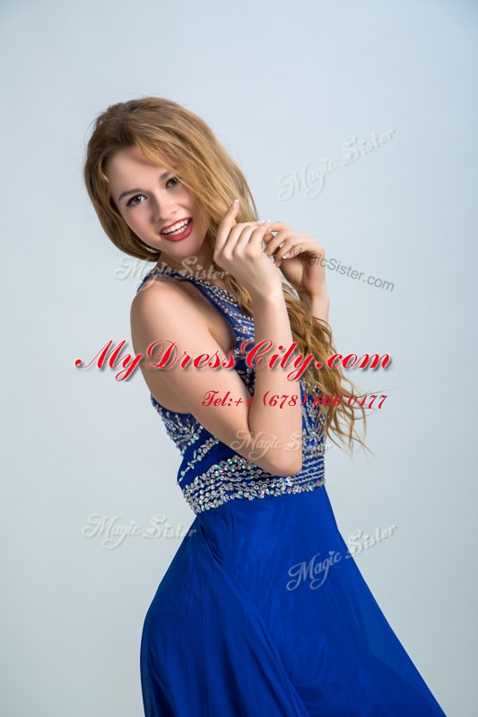 Traditional Scoop Royal Blue Sleeveless Floor Length Beading Criss Cross Prom Dress