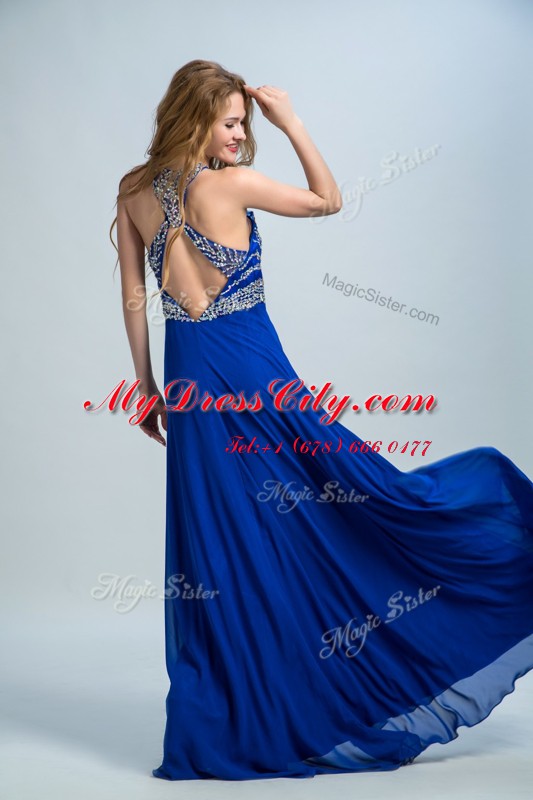 Traditional Scoop Royal Blue Sleeveless Floor Length Beading Criss Cross Prom Dress