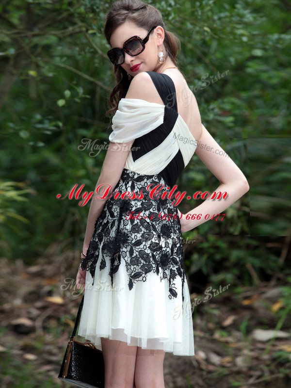 Ideal One Shoulder Knee Length Criss Cross Dress for Prom White And Black for Prom and Party with Lace