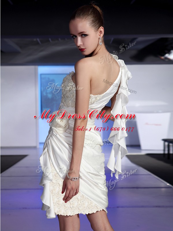 White One Shoulder Neckline Lace and Ruching Prom Gown Sleeveless Zipper