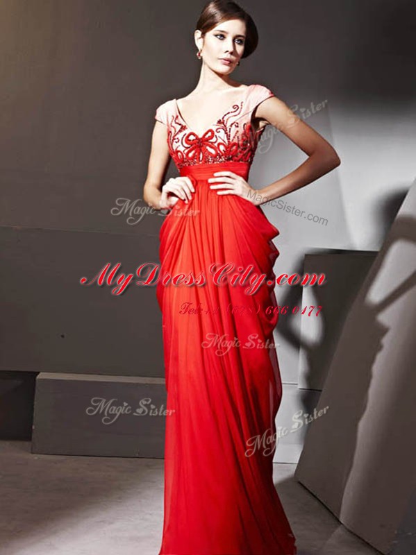 Excellent Red Zipper Evening Dress Beading and Appliques and Ruching Cap Sleeves Floor Length