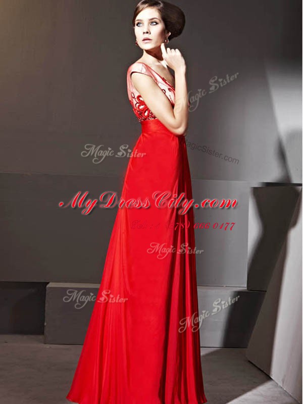 Excellent Red Zipper Evening Dress Beading and Appliques and Ruching Cap Sleeves Floor Length